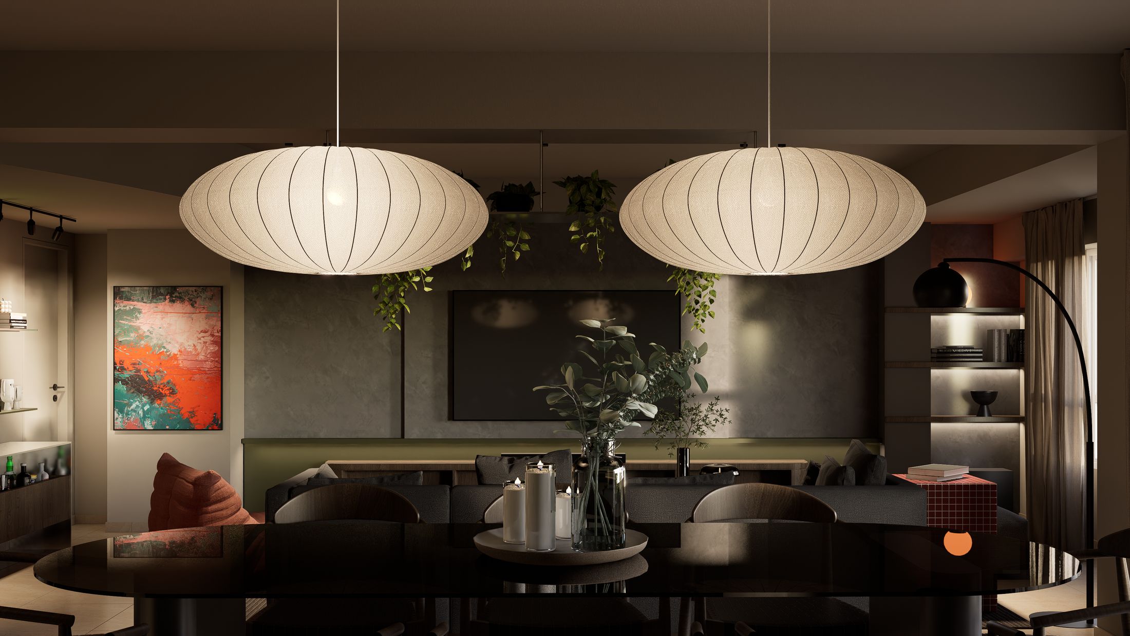 Departamento Avalos: comedor con dos lámparas de papel y pared verde oliva