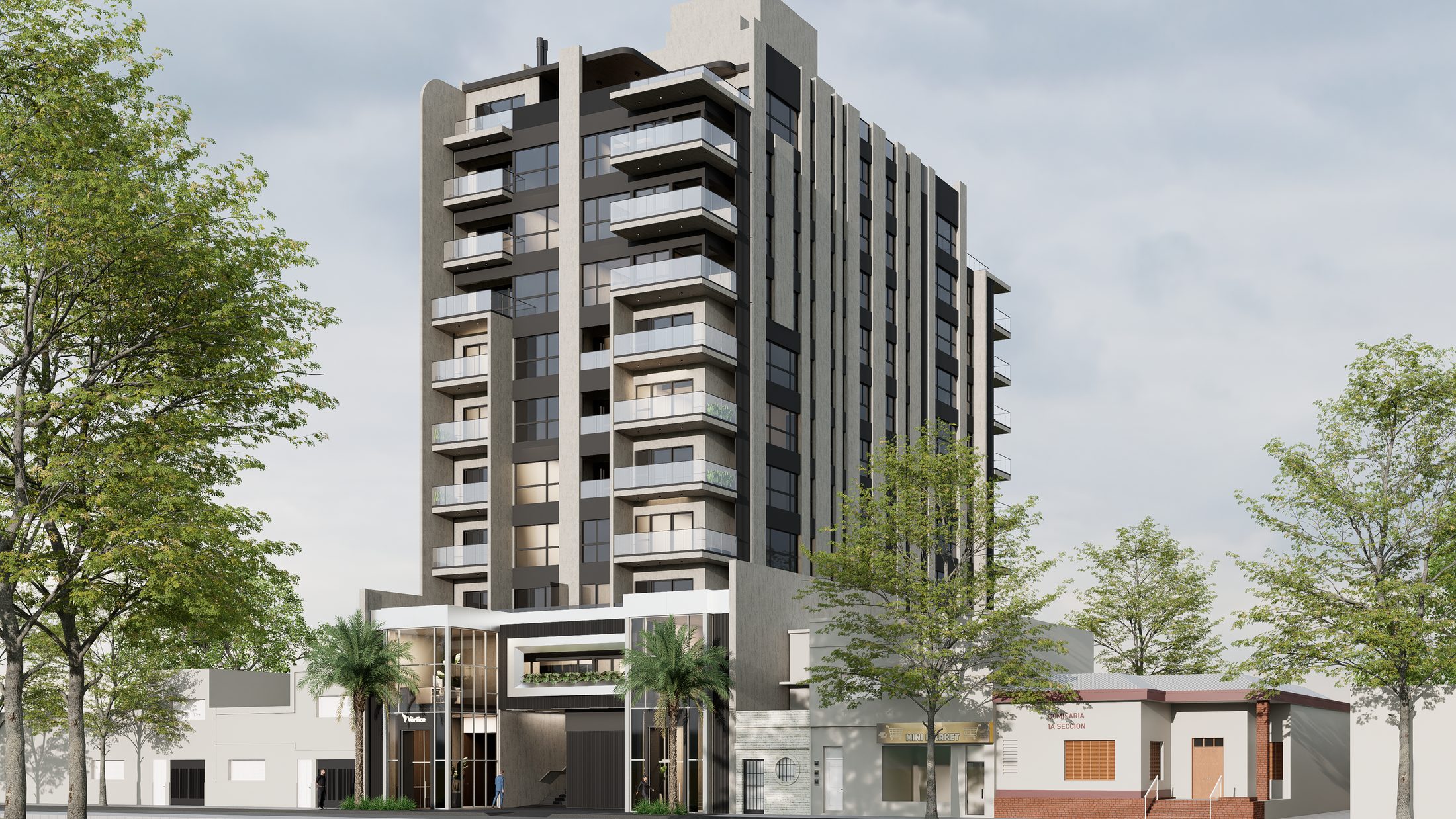 Edificio Tucumán en Corrientes: torre de diez pisos con balcones vidriados y planta baja de doble altura
